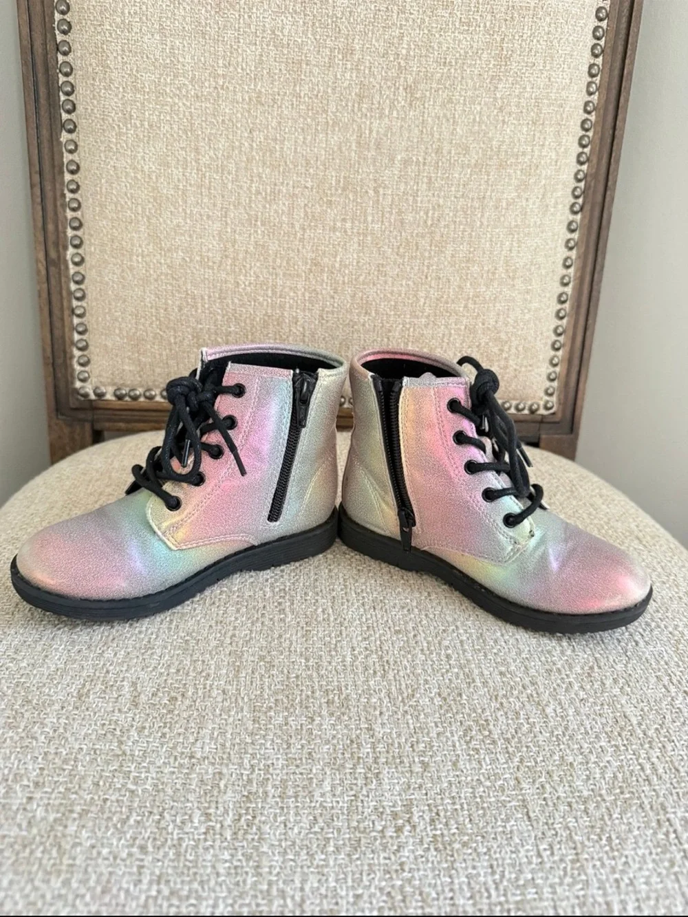 Kids toddler Iridescent rainbow shimmer leather Lace-Up zipper combat Boots sz10